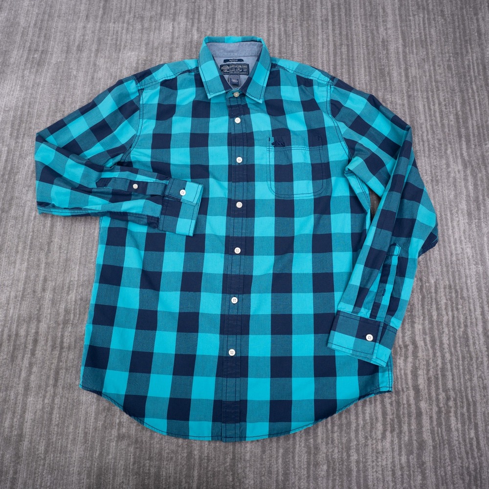 American Rag Button Up Shirt Mens Medium Blue Excellent Buffalo Plaid LongSleeve